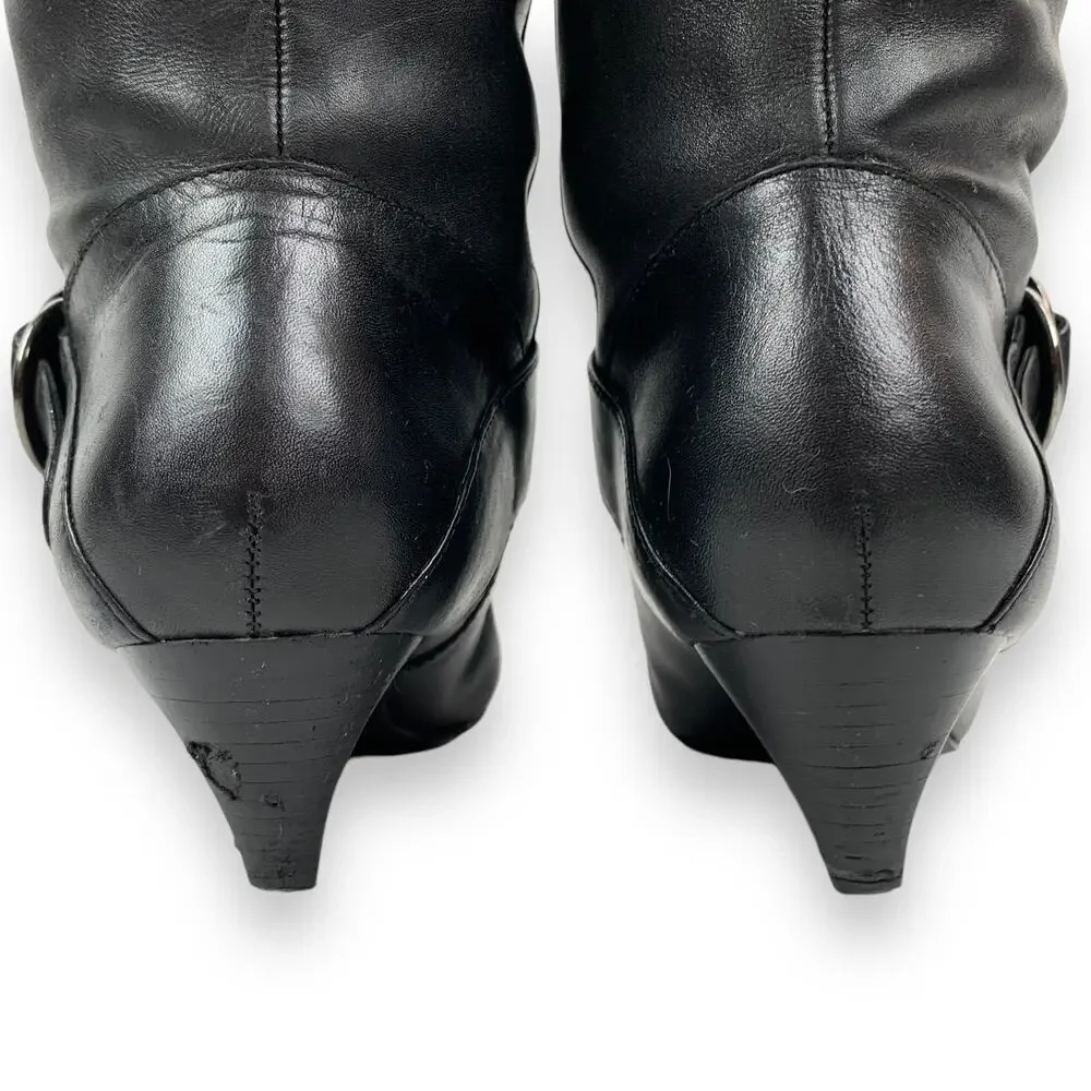 2000's MARC FISHER tall black leather boots with silver ring and low heels - Picture 5 of 12